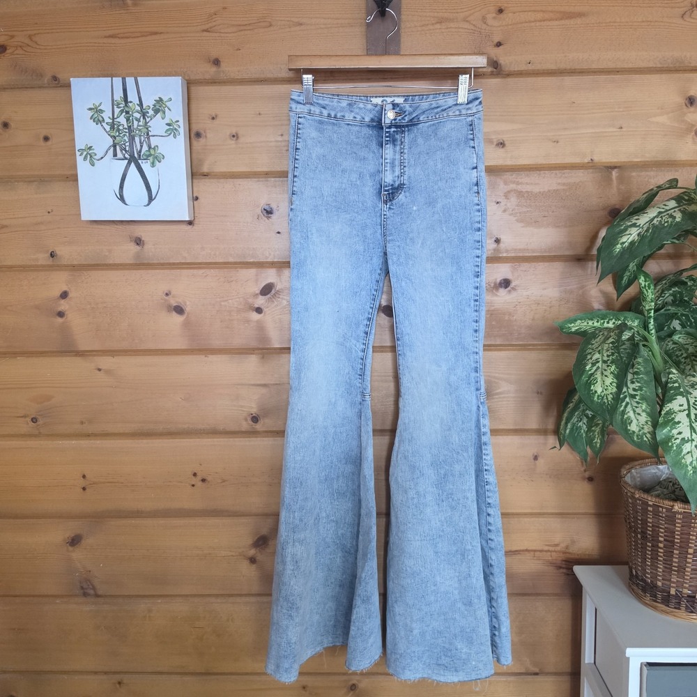 Free People Float On Flare Bell Jeans Stretch High Rise Hippie Boho Tall Size 26